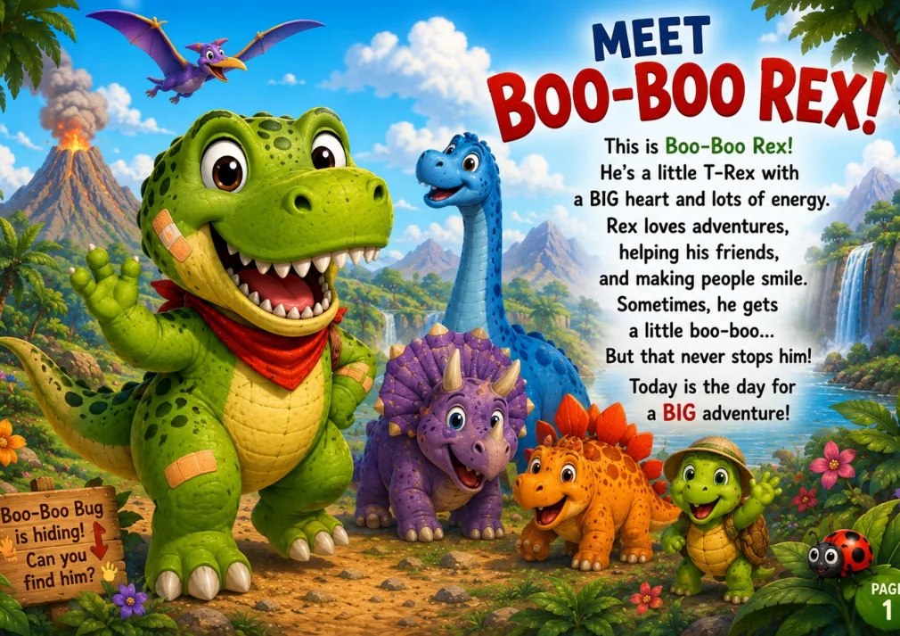 Boo-Boo Rex and his dinosaur friends in a lush prehistoric jungle